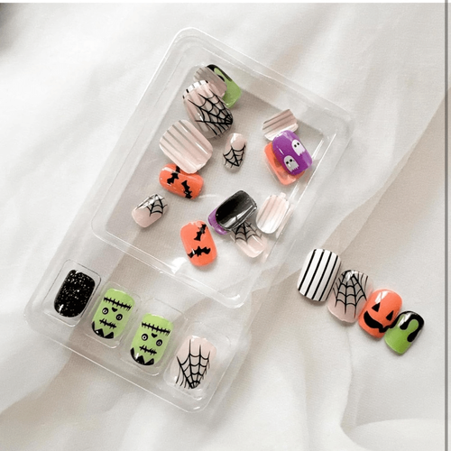 24 Halloween Press On Nails Square Ghost Face Glitter Short Orange Green Purple - Picture 7 of 9