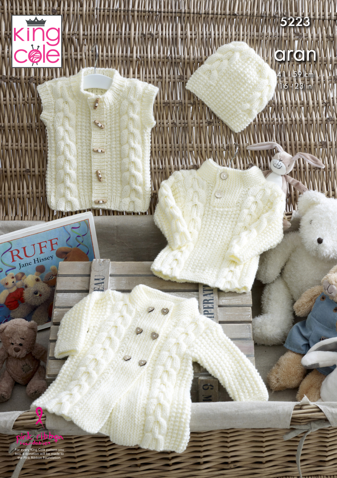 King Cole Baby Aran Knitting Pattern Cable Knit Coat Sweater Gilet & Hat 5223