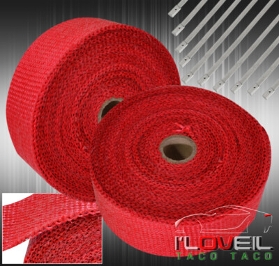 30Ft Header Turbo Manifold Insulation Heat Wrap Cover + Zip Ties Set Red