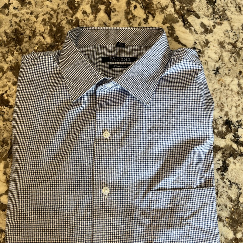 Men’s Synrgy performance stretch button down blue long sleeve shirt 18 37/38