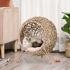 20.5" Elevated Cat Bed, Braided Banana Leaf Kitten House with Cushion