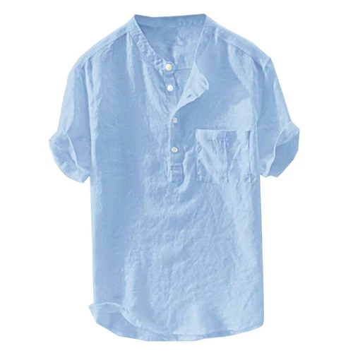 Sommer Herren Leinen Baumwolle Kurzarm Knopfleiste Hemden Brusttasche Bluse Tops - Bild 10 von 14