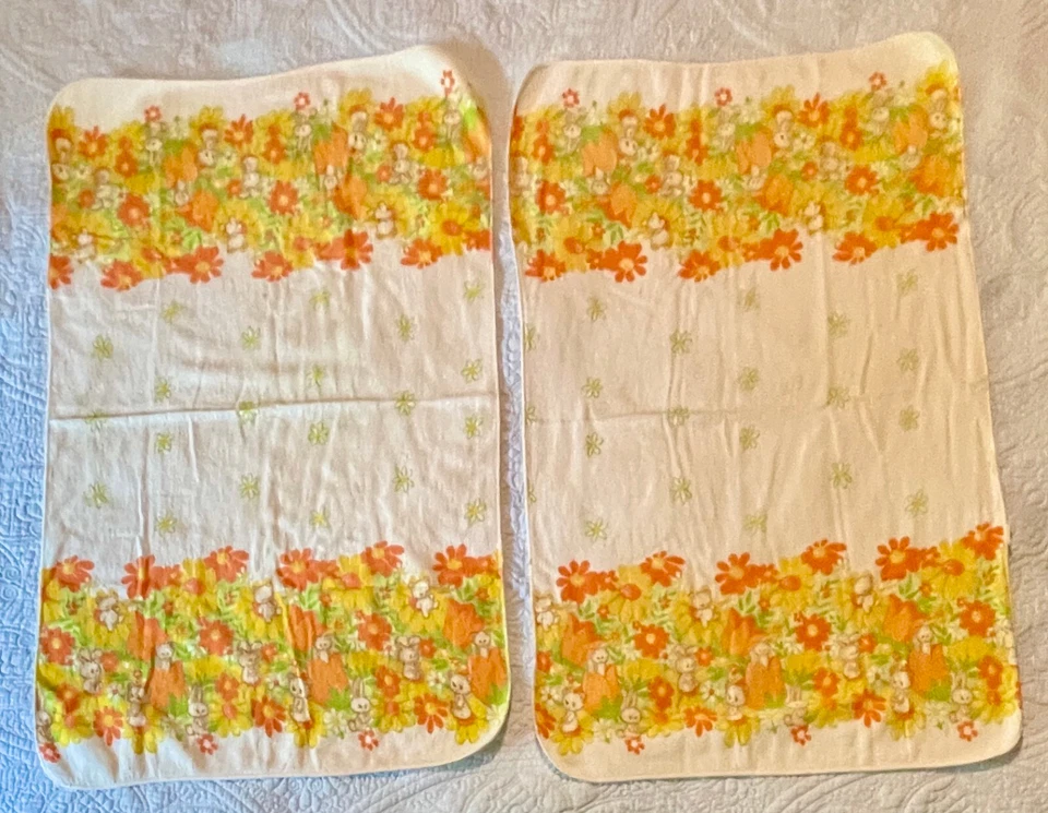 2 винтажных одеяла 1970-х годов для приема фланелевые цветочные мощные кролики медведи оранжевые желтые - Изображение 4 из 4