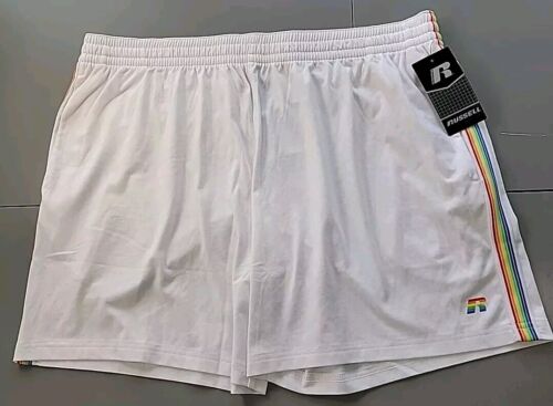 Russell Shorts Mens XL Pockets Pride Rainbow Stripe Down Sides White - Picture 1 of 12