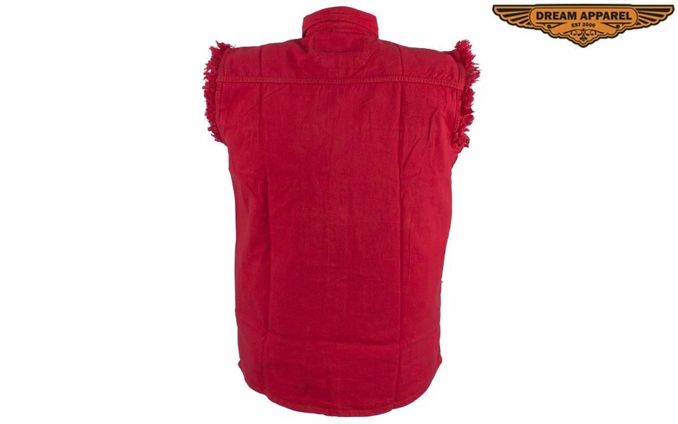 Camisa de mezclilla roja sin mangas para motocicleta para hombre con cierre frontal abotonado y bolsillos Foto 3 de 4