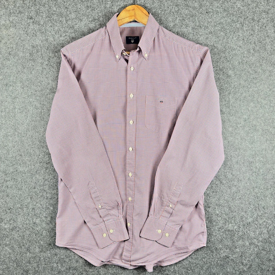 Camisa GANT Para Hombre Mediana Naranja Azul Micro Cuadros Manga Larga Con Botones Informal Foto 2 de 4