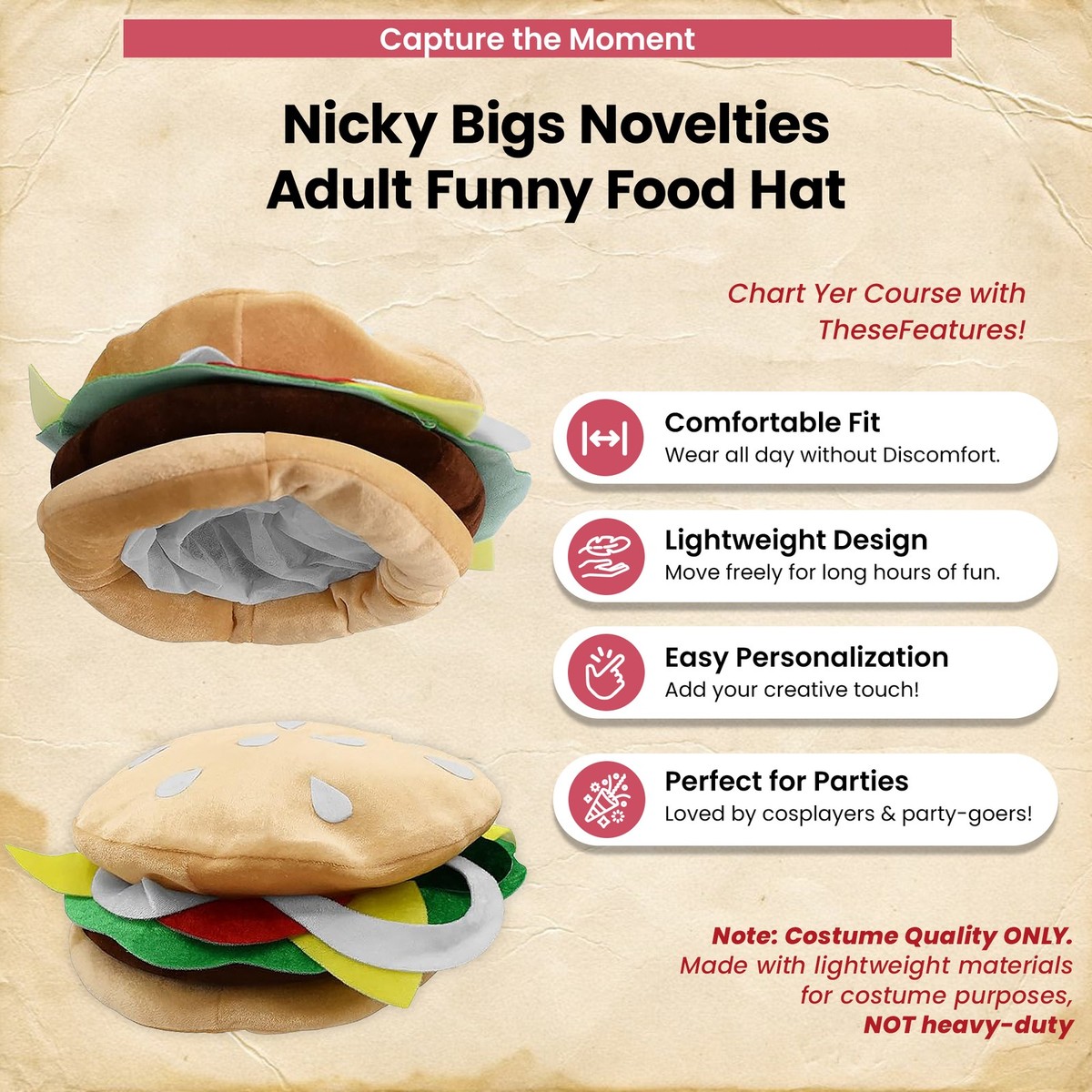 Adult Cheeseburger Hat Hamburger Novelty Silly Burger Funny