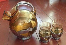 Farber Bros. amber glass and chrome pitcher & 2 glasses, 1930s deco, Krome Kraft