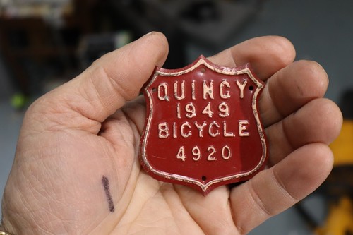 Vintage 1949 Bicycle METAL License Quincy Illinois