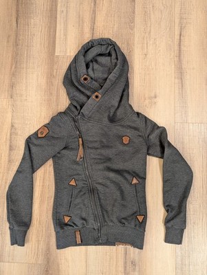 Naketano Asymmetrical Zip Hoodie Jacket Womens XS Gray Owl Patch Germany