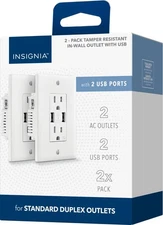 Insignia - 2 Pack - 2-Outlet In-Wall Outlet with 2 USB Ports - White