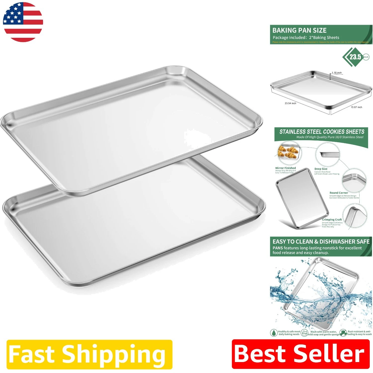 Heavy Duty Stainless Steel Baking Sheets Set 2 - 24" Cookie Pans, Rust Resistant
Opens in a new wind