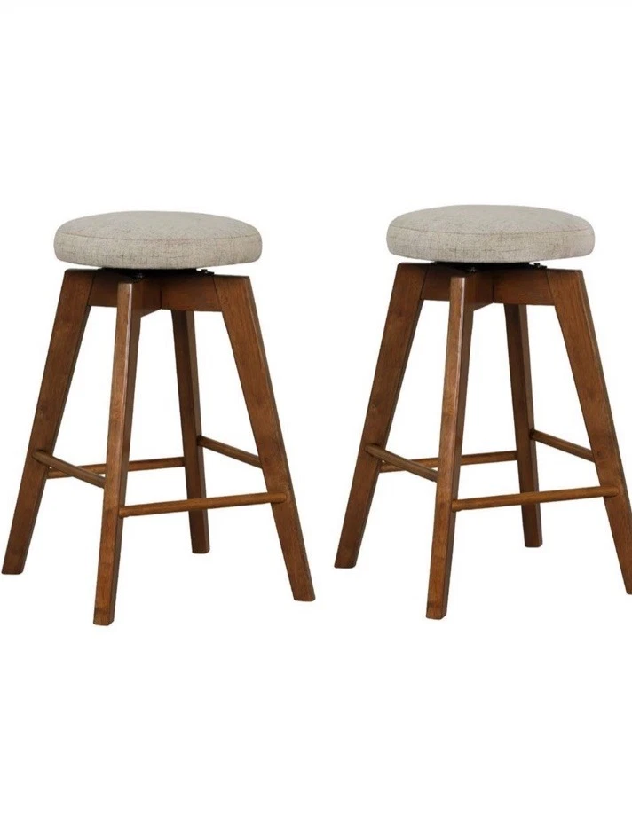 26" Swivel Bar Stool Set of 2 Upholstered Counter Height Rubber Wood Frame Beige - Image 4 of 4