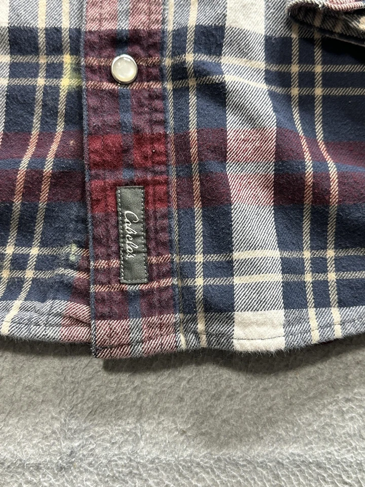 Cabelas Flannel Shirt Mens Large Blue Red White Plaid Western Pearl Snap Cotton - Image 4 of 4