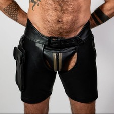 Sexy Mens Ruff GEAR Black Faux Leather Chaps Shorts Gay Fetish Gay Interest Sexy