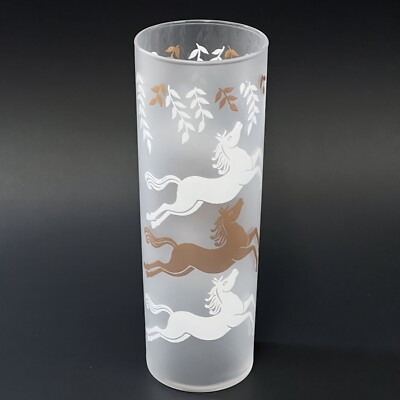 VTG Libbey CAVALCADE Horses White Gold Frosted Tom Collins Tumbler Glass 7''