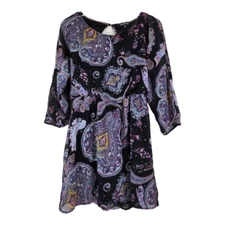 Express Paisley Print Blouson Chiffon Mini Dress Small Boho Keyhole Back Black