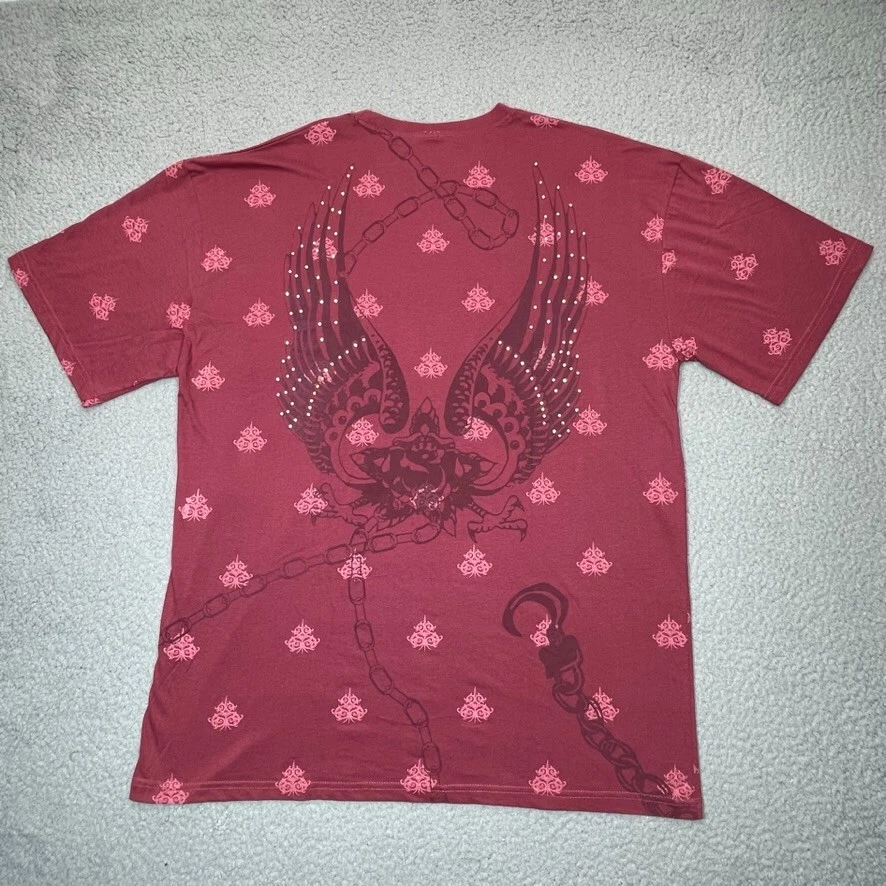 HamaShirt Mens 3XL XXXL Red Rhine Stone Art Bedazzled Fenix Wings Chain Grenade - Image 3 of 4