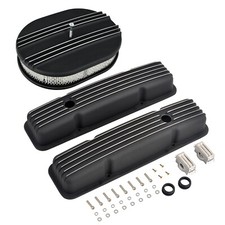 Black Finned Short Valve Covers 12 Oval Air Cleaner Fit 1958-86 Sbc Chevy 350
