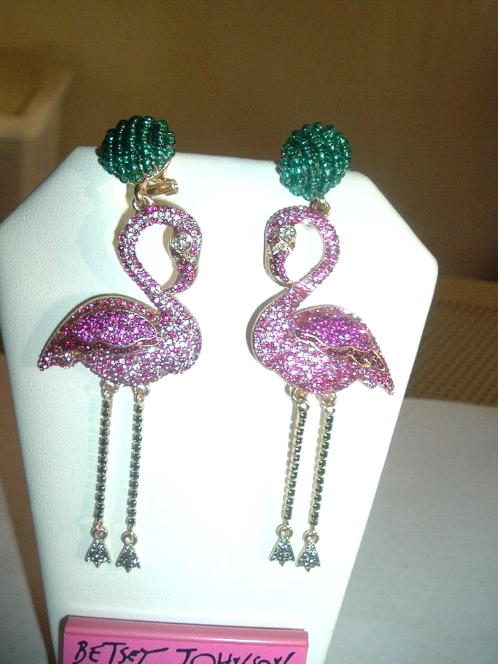 PINK Pave Crystal FLAMINGO MOVEABLE TASSEL LEGS  Betsey Johnson Pierced EARRINGS - Image 3 of 4