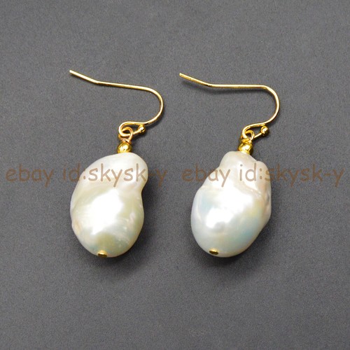 15-20mm Natural White Freshwater Baroque Keshi Reborn Pearl Dangle Hook Earring - Picture 2 of 7