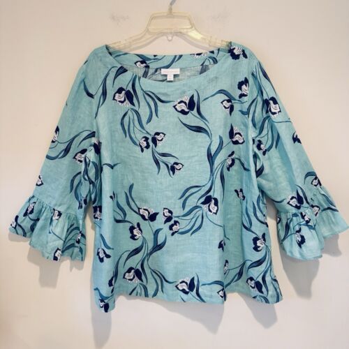 CHARTER CLUB 100% Linen Blouse Top Women's Size XXL Blue Floral Bell Sleeves