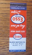 McBEE MOTOR CO. ESSO GAS STATION MATCHBOOK COVER: McBEE, SC 1950s MATCHCOVER -B8