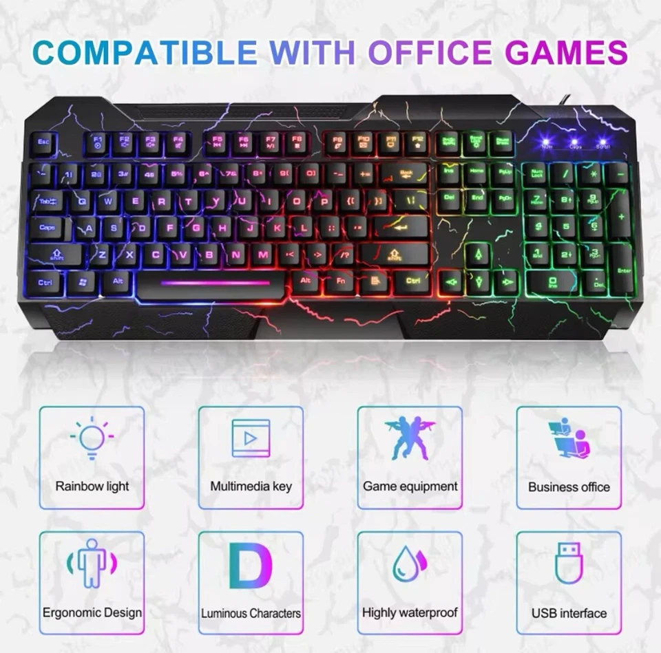 LED Gaming Keyboard+Mouse Backlight RGB Colour Back Light Up Rainbow PC Laptop - Image 3 of 4
