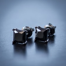 Mens Hip Hop Black Cz Onyx Princess Cut Square Stud Screw On Post Earrings