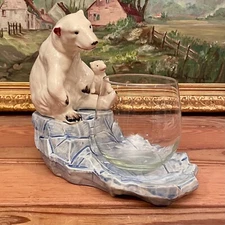 Ceramic Japan Polar Bear Hand Painted Maruhon Ware Beta Fish Fishbowl 7x8x4.25"