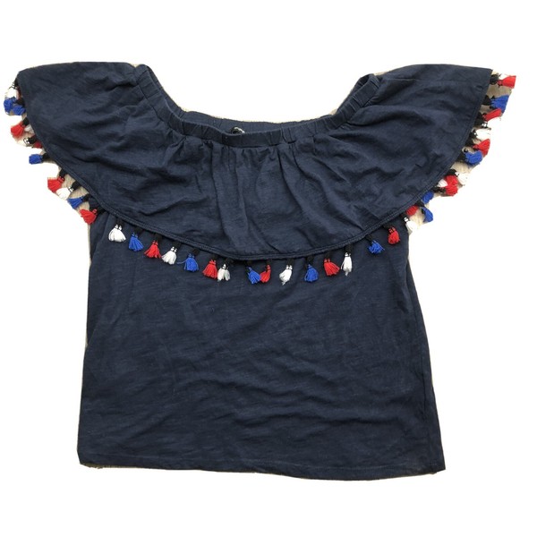 Piper Womens Top Sz XS Navy Boho Pompom Off The Shoulder F1