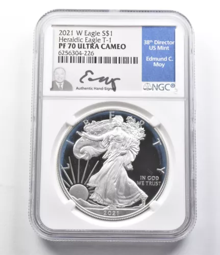 PF70 UCam 2021-W American Silver Eagle Heraldic Eagle T-1 Moy Signed NGC *5851