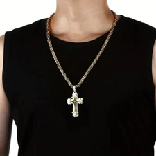 Men Vintage Cross Pendant Necklace Multilayer Golden Stainless Steel Gift 22 In