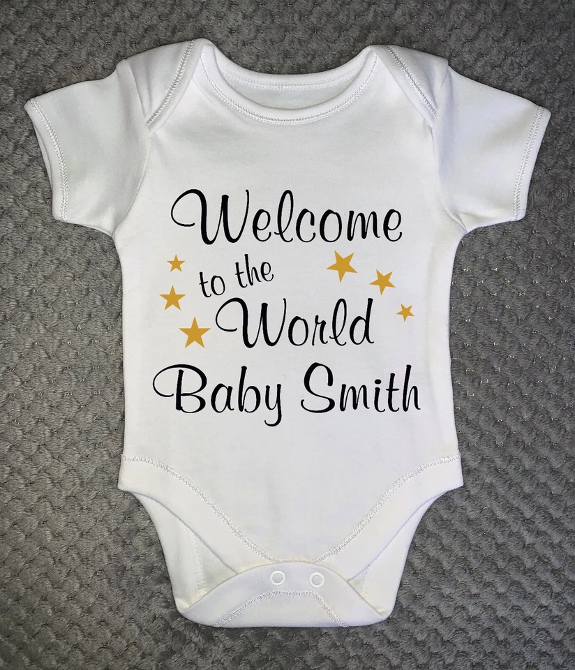 PERSONALISED BABY GROW - Welcome to the World Baby Vest Clothing gift ANY NAME