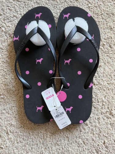 NWT Victoria's Secret PINK Black Dot Dog Print flip flops size 10