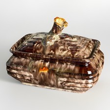 West Germany Ceramic Lidded Trinket Jar Brown Drip Glaze Vintage Jasba MCM