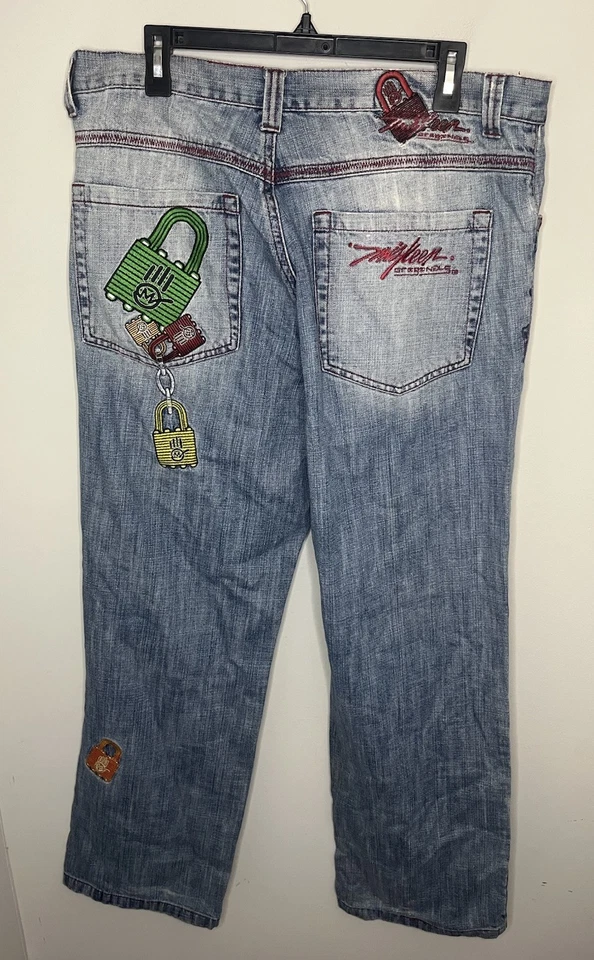 Jeans De Colección Y2K Miskeen Originales Hombres 36x32 Bordados Cerradura y Llave Hip Hop Calle Foto 2 de 4