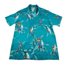 Paradise Found Shirt Mens XL Teal Hawaiian Aloha Rayon Parrot Print Made in USA