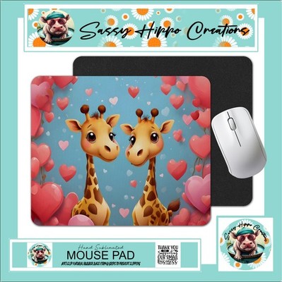 Mouse Pad Giraffe Couple Hearts Valentine's Day Anti Slip Back Easy Clean