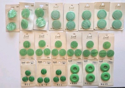 Lot of 20 Vintage Cards of Green Buttons- Lorel, Scovill Dritz and Streamline 