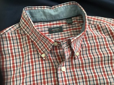 ARROW men XL short sleeve BUTTON UP SHIRT easy care RED WHITE BLUE plaid    