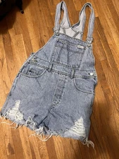 VTG GUESS Denim Shortalls Overalls Made in USA 90s Distressed Jean Shorts Womens