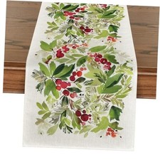 Watercolor Holly Christmas Table Runner, Table Runner, 13" x 72" Green