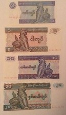 Collection de billets Myanmar. 1, 5, 10, 20 Kyats. Lot non circulé.
