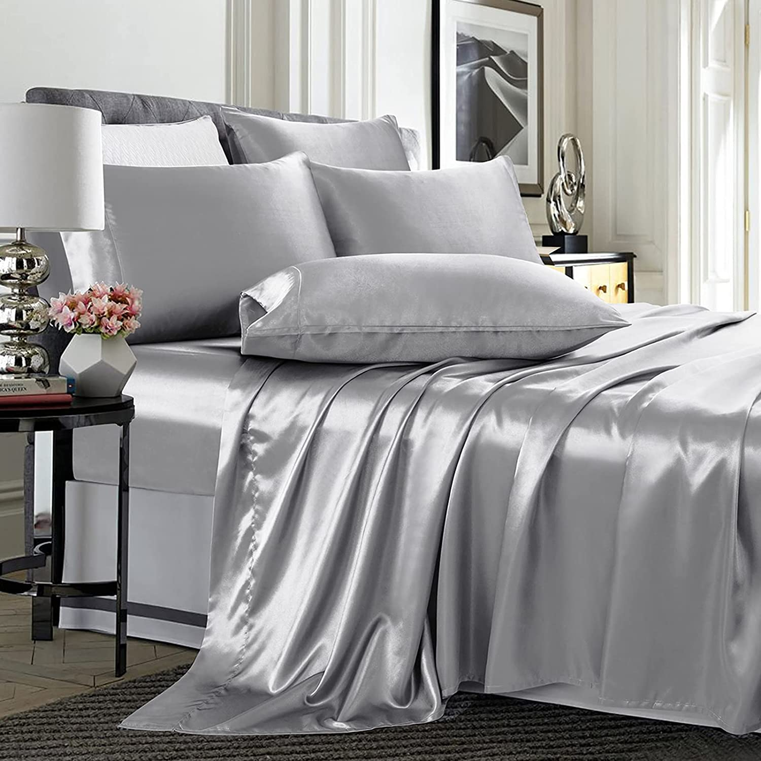 6 Piece Satin Sheets Queen Size Silky 