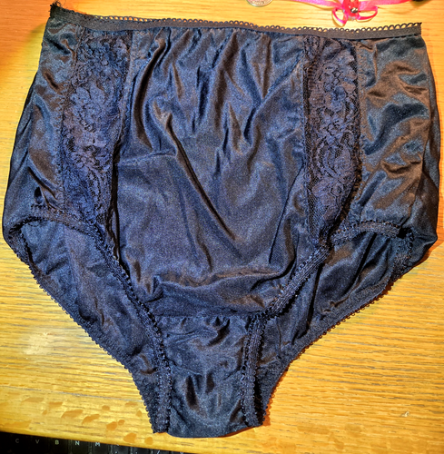 Vintage Black Nylon Panty Brief w/ double lace front inserts 100% Nylon