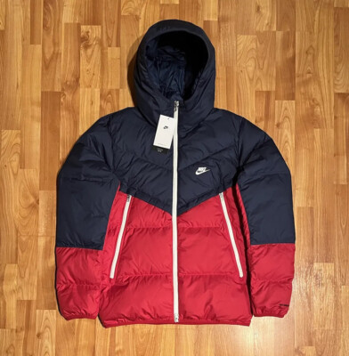 NEW MEN'S SMALL NIKE DUCK DOWN FILL STORM FIT WINDRUNNER JACKET IN NAVY RED