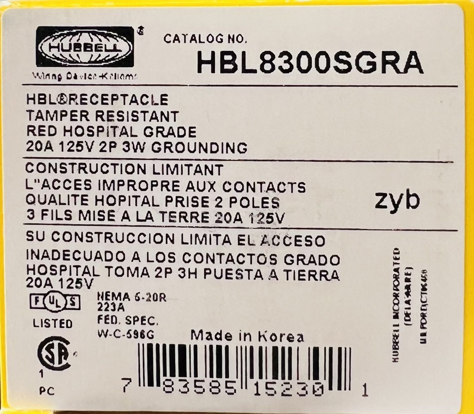 Hubbell HBL8300SGRA Tamper Resistant 20A Red Hospital Grade Receptacle