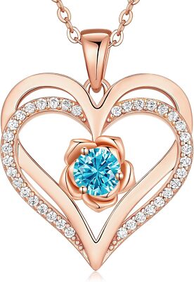 Rose Heart Women Necklace 925 Silver Birthstone Pendant Necklace for Mom Her