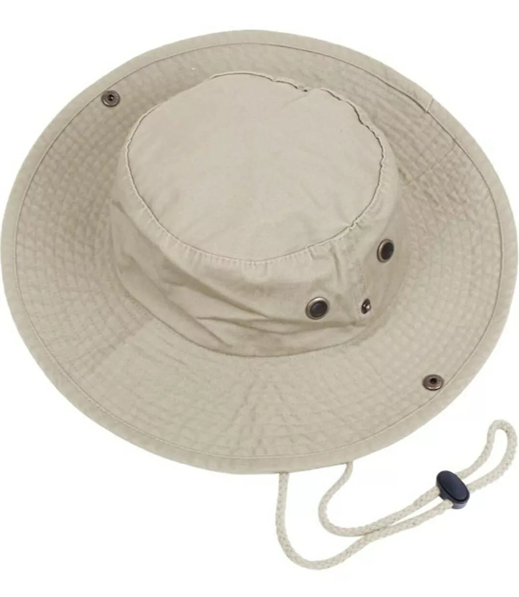 Tan Bucket Hat with String Wide Brim Hiking Fishing UV Sun